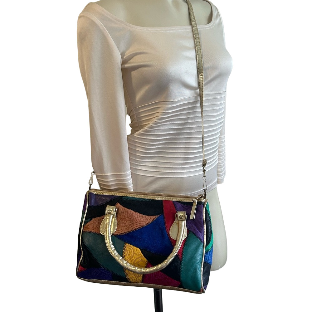 Vintage 80's Patchwork Multicolour Strap Mod Hippie Boho Retro bag by La Covina - Picture 3 of 13
